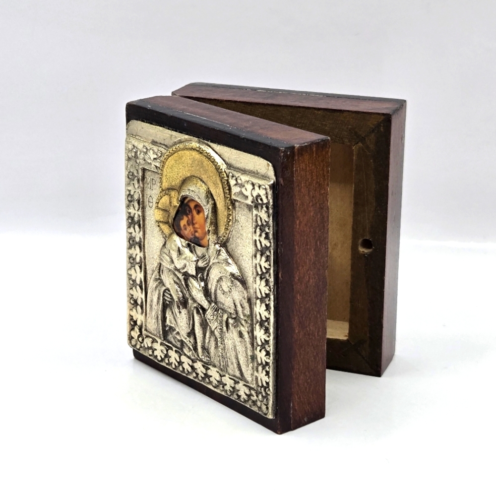 Antique ABA Cuprum Mary & Baby Jesus Icon Wood Box Silver Plated 24K Gold Gilded